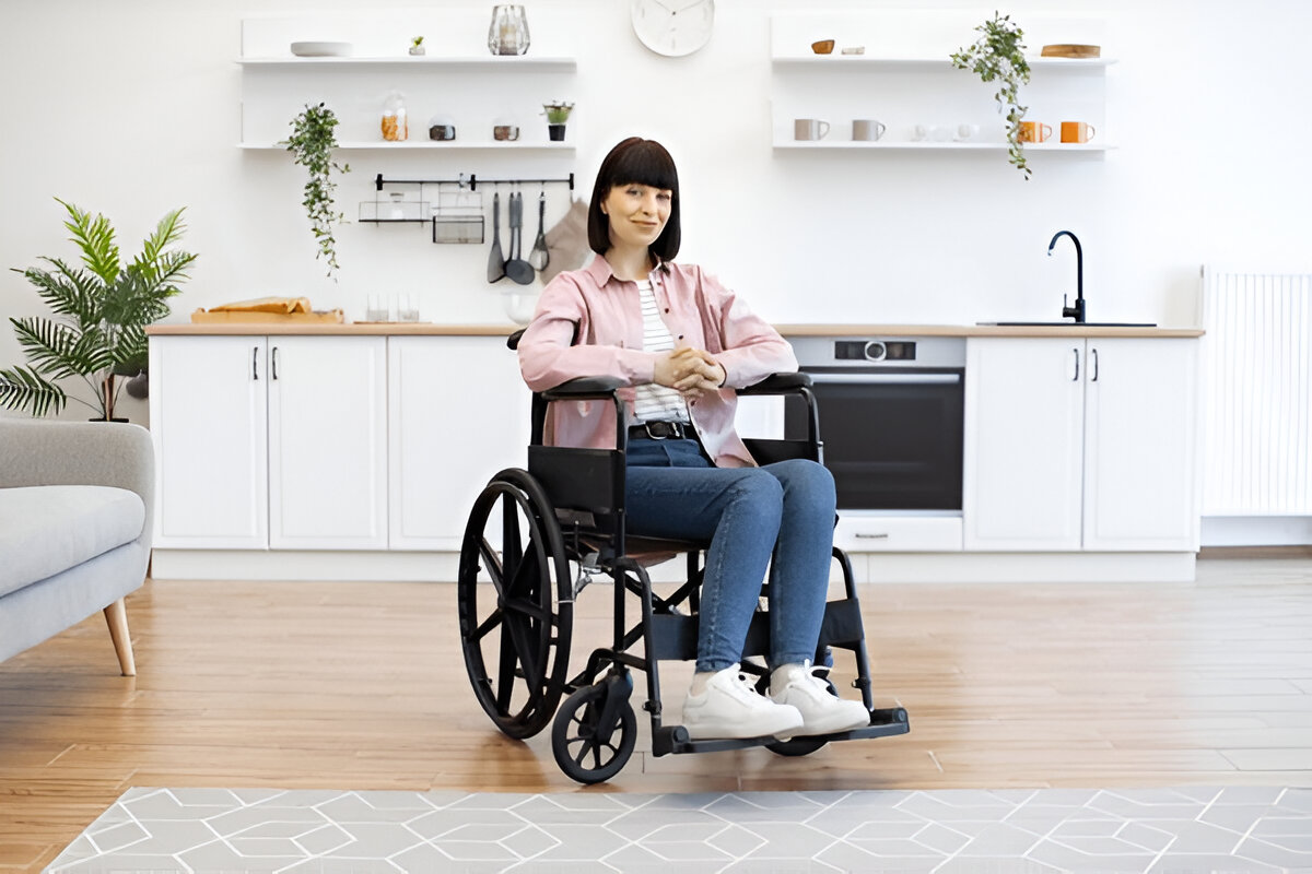Resident in wheelchair inside an accessible Sda housing unit in Melbourne with functional kitchen design